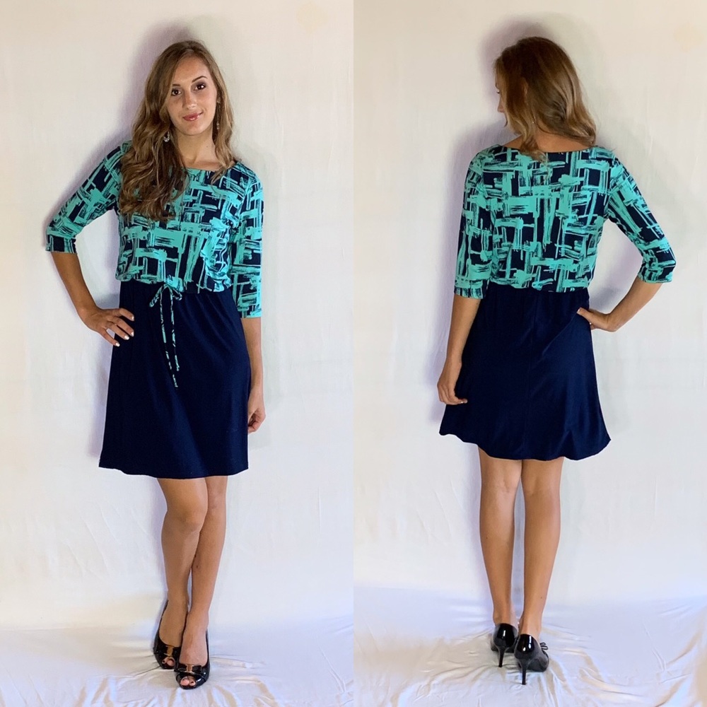 Sleek green and navy blue dress